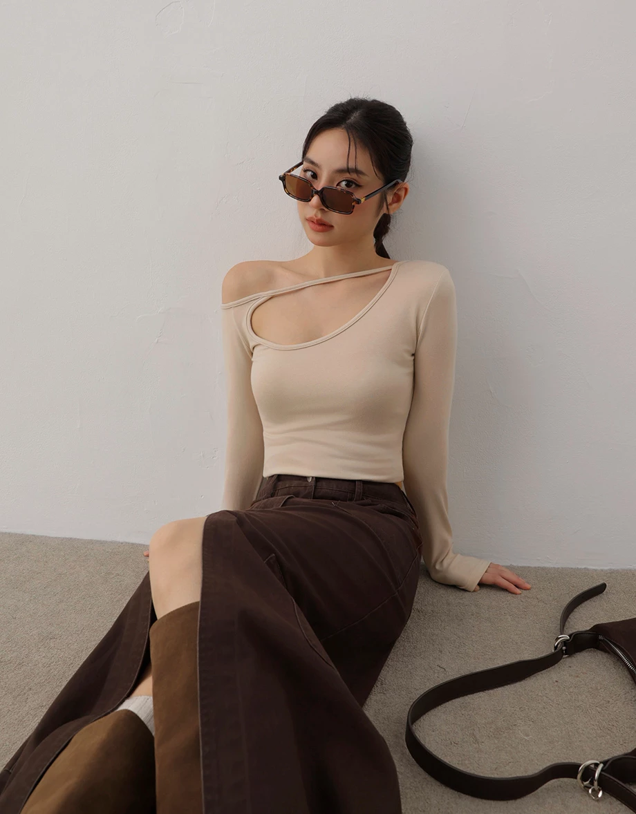 Long Sleeve Asymmetrical Cut out Crop Top