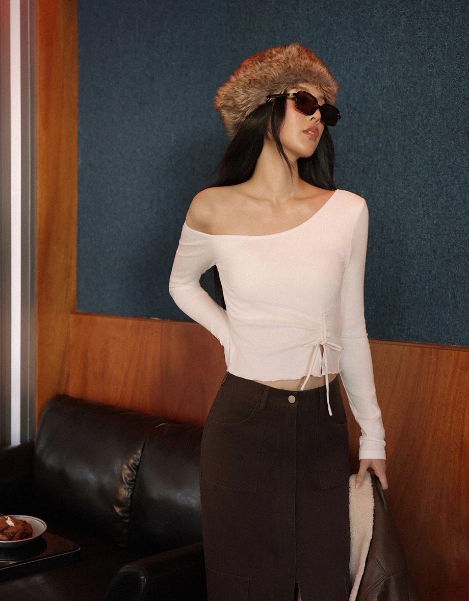 Lettuce Trim Asymmetric Neck Drawstring Ruched Tie Padded Ribbed Bra Top