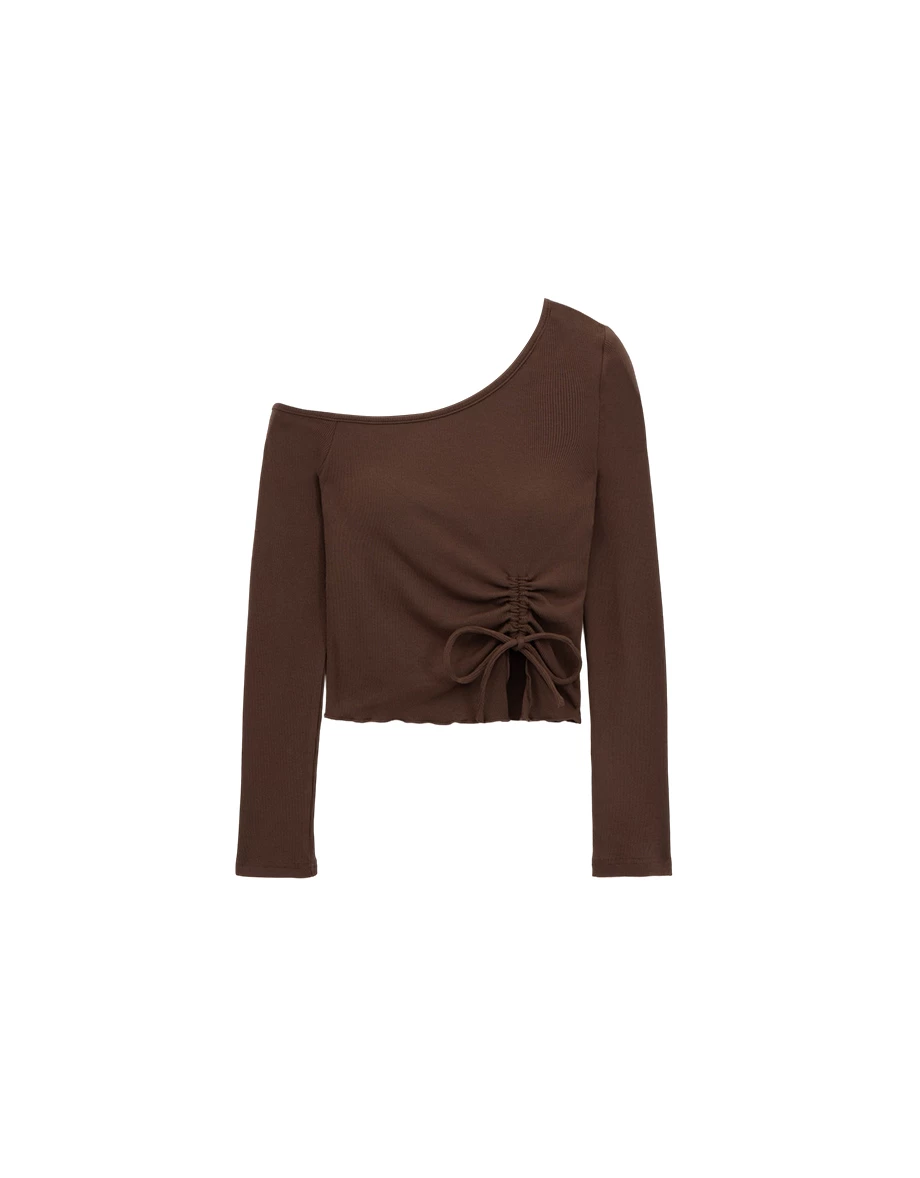 Lettuce Trim Asymmetric Neck Drawstring Ruched Tie Padded Ribbed Bra Top