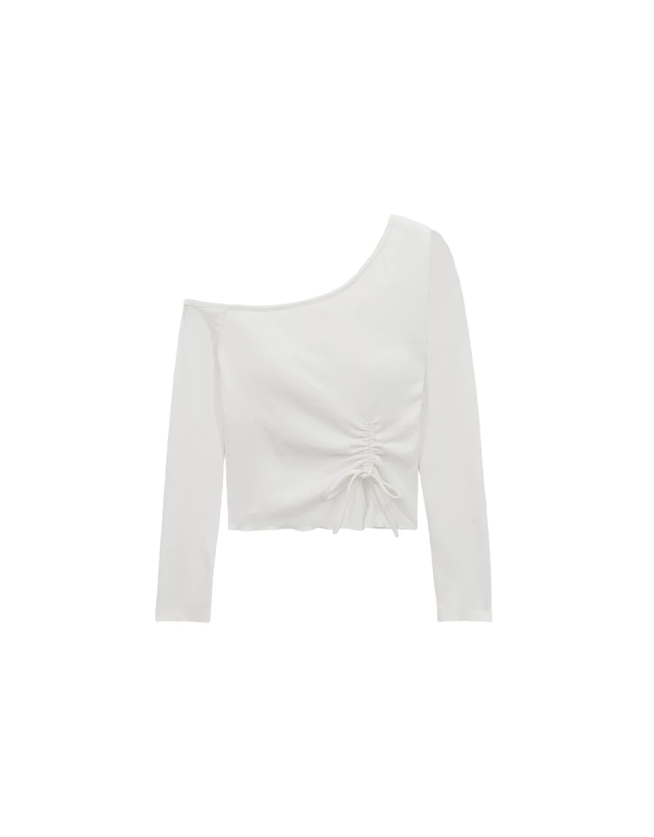 Lettuce Trim Asymmetric Neck Drawstring Ruched Tie Padded Ribbed Bra Top