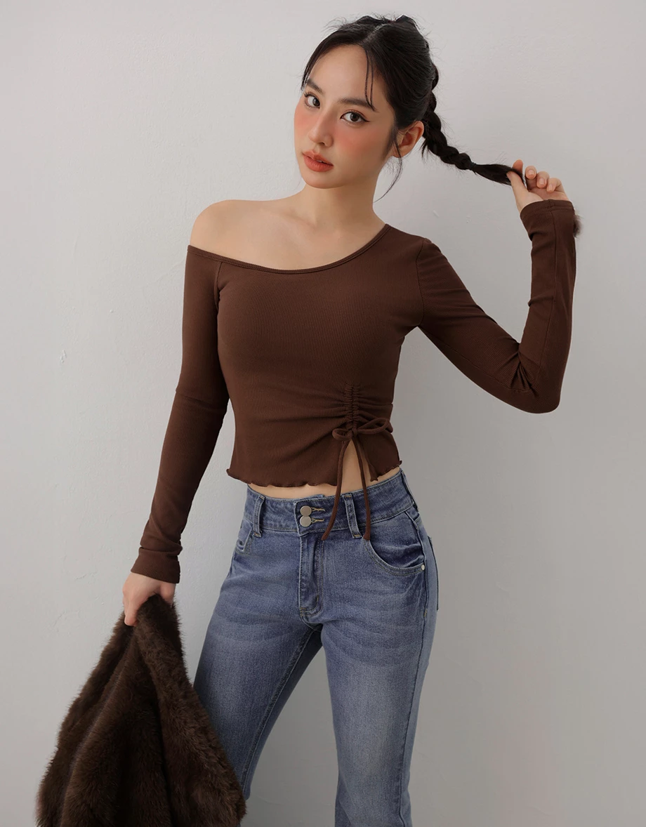 Lettuce Trim Asymmetric Neck Drawstring Ruched Tie Padded Ribbed Bra Top