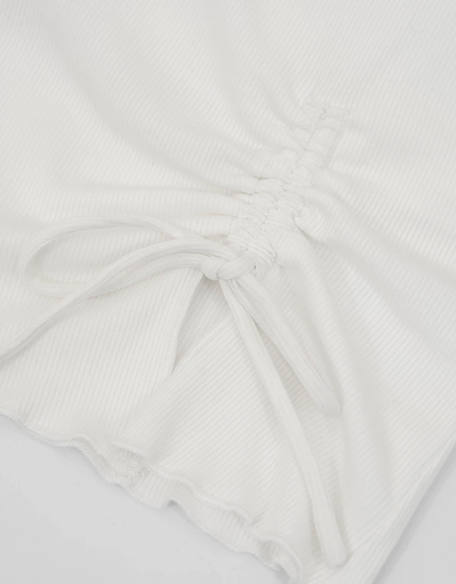 Lettuce Trim Asymmetric Neck Drawstring Ruched Tie Padded Ribbed Bra Top