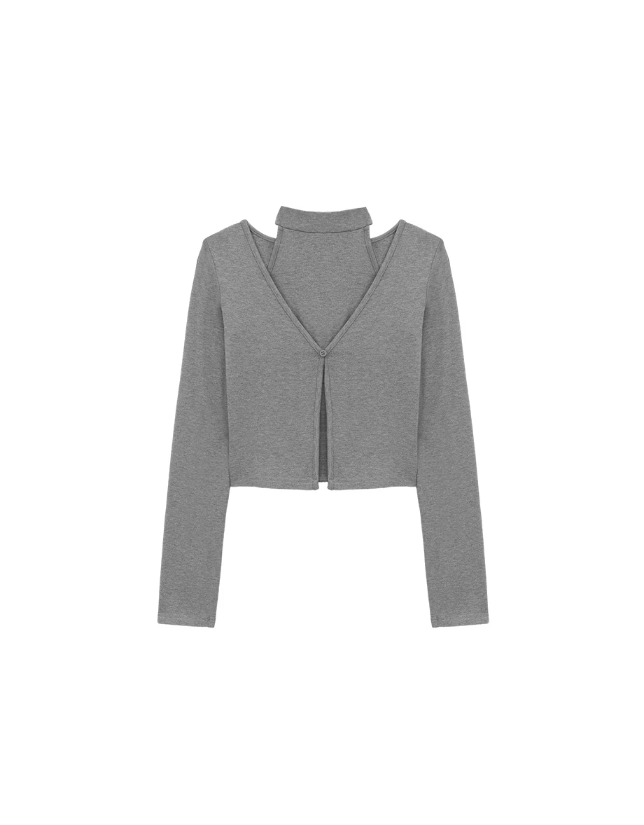 Faux 2 Piece Mock Neck Cut Out Shoulder Fleece Lined Cardigan Top