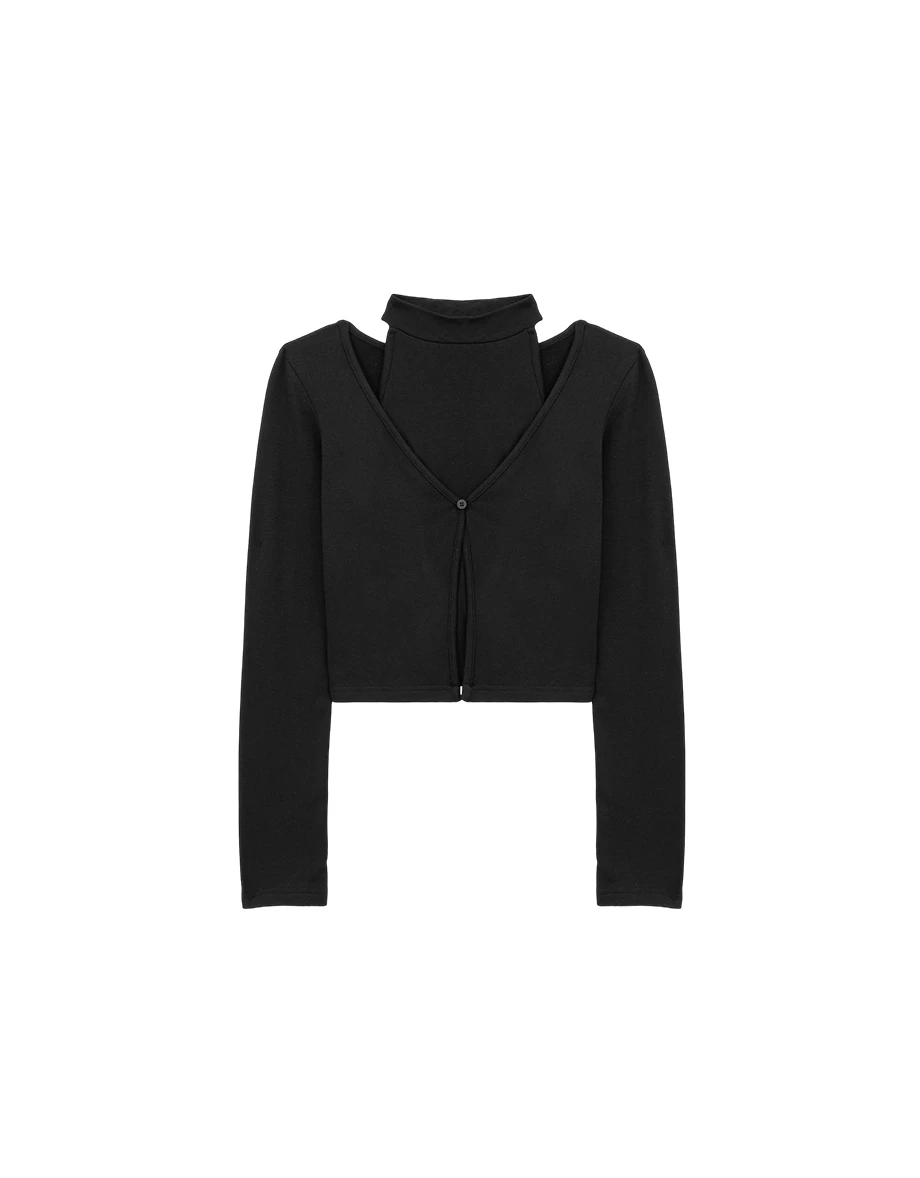 Faux 2 Piece Mock Neck Cut Out Shoulder Fleece Lined Cardigan Top