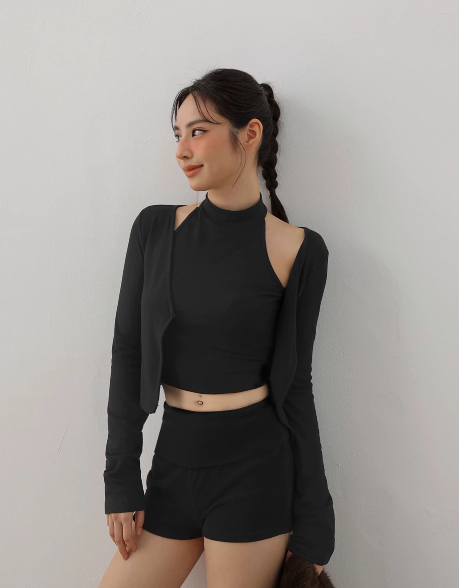 Faux 2 Piece Mock Neck Cut Out Shoulder Fleece Lined Cardigan Top