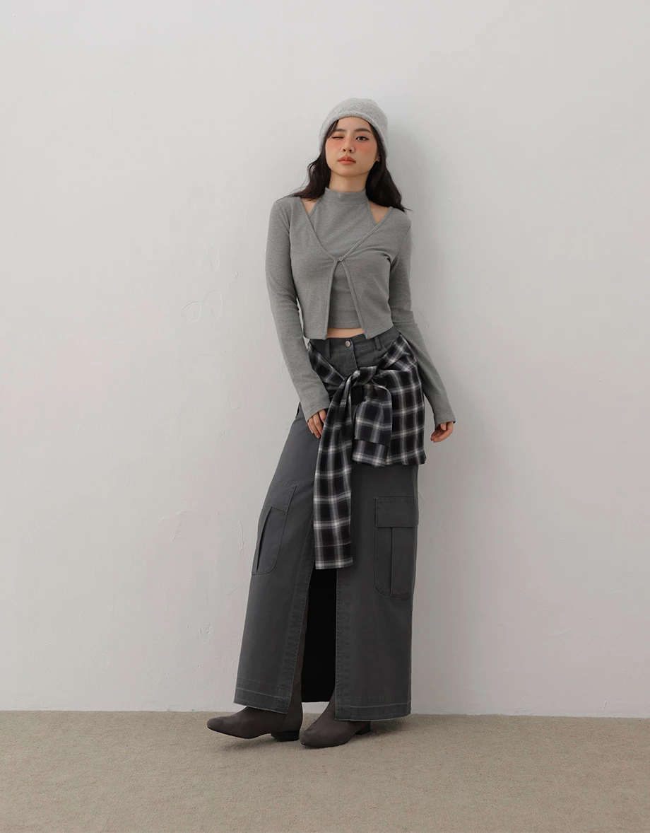 Faux 2 Piece Mock Neck Cut Out Shoulder Fleece Lined Cardigan Top