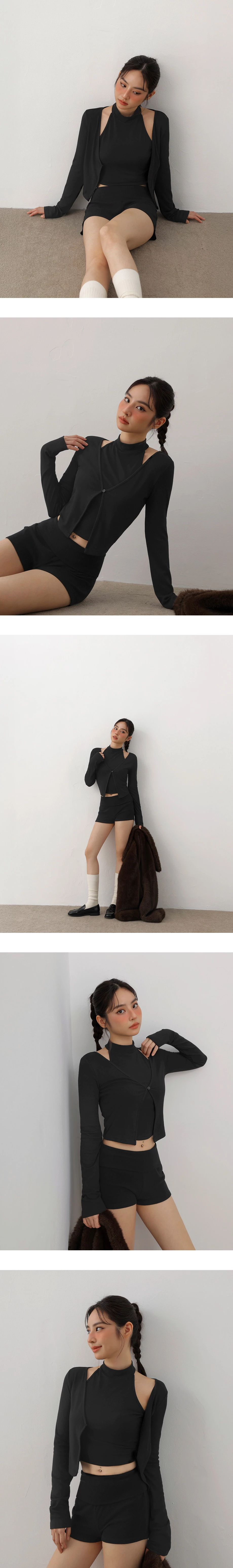 Faux 2 Piece Mock Neck Cut Out Shoulder Fleece Lined Cardigan Top