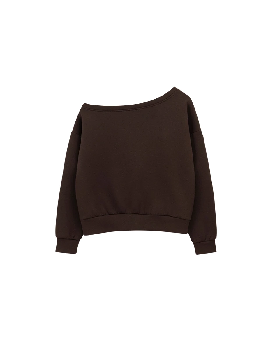 Fleece Lined Oversized One Shoulder Sweatshirt with AIR SPACE Logo Embroidery