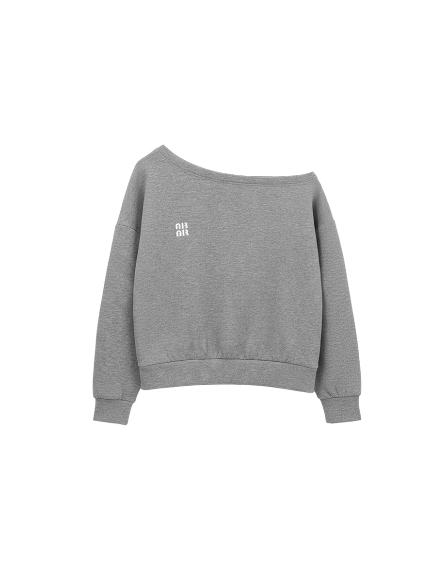 Fleece Lined Oversized One Shoulder Sweatshirt with AIR SPACE Logo Embroidery
