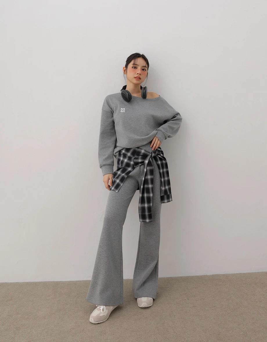 Fleece Lined Oversized One Shoulder Sweatshirt with AIR SPACE Logo Embroidery