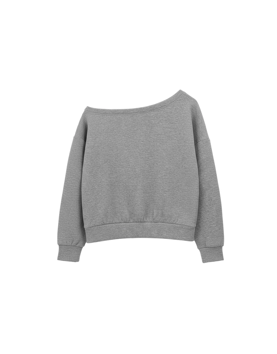Fleece Lined Oversized One Shoulder Sweatshirt with AIR SPACE Logo Embroidery