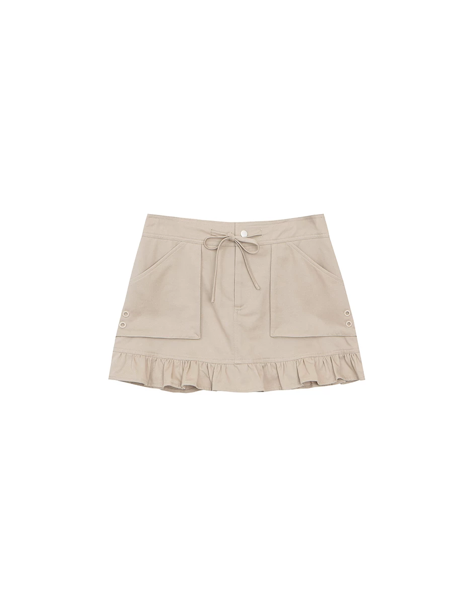 Cargo Inspired Drawstring Pocket Mini Skirt with Ruffled Hem