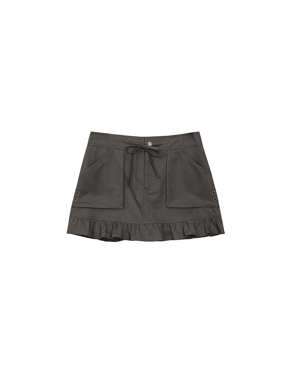 Cargo Inspired Drawstring Pocket Mini Skirt with Ruffled Hem