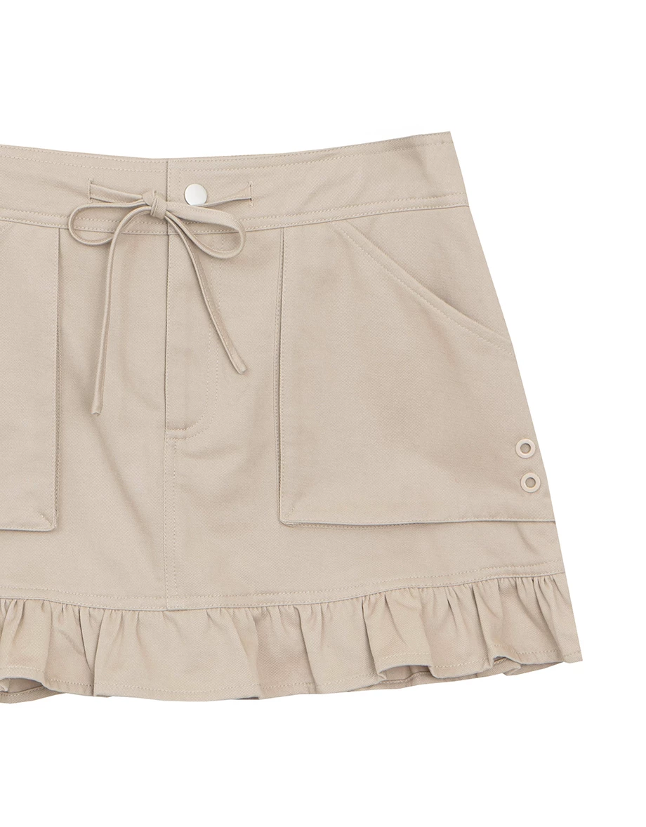 Cargo Inspired Drawstring Pocket Mini Skirt with Ruffled Hem