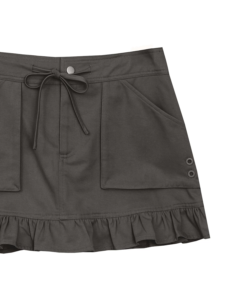 Cargo Inspired Drawstring Pocket Mini Skirt with Ruffled Hem
