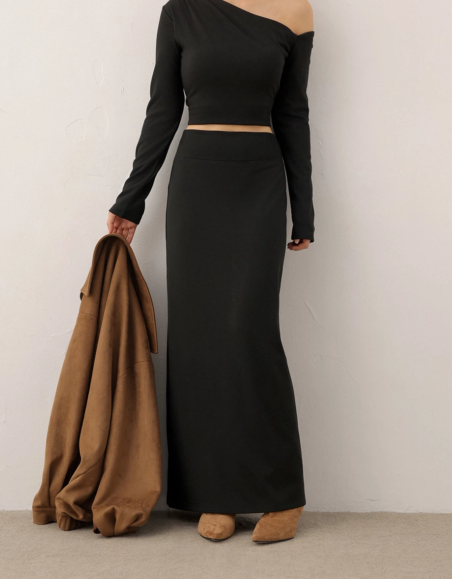 【Heat Tech】Basic Fold Over Waist Straight Cut Maxi Skirt