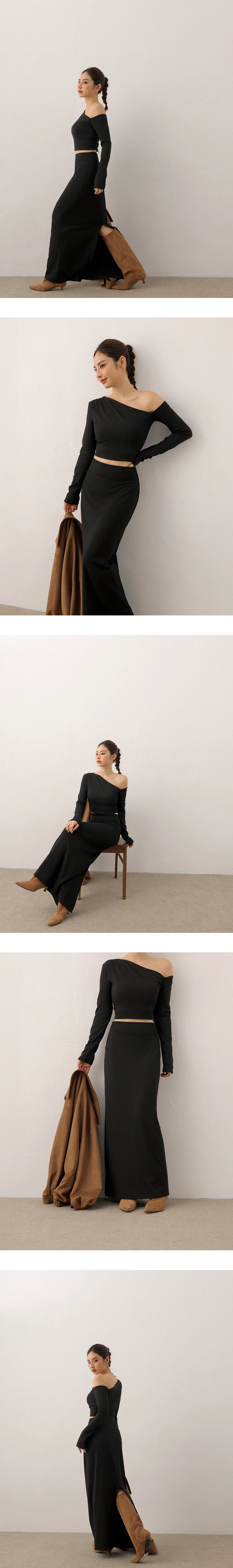 【Heat Tech】Basic Fold Over Waist Straight Cut Maxi Skirt 【Heat Tech】Basic Fold Over Waist Straight Cut Maxi Skirt