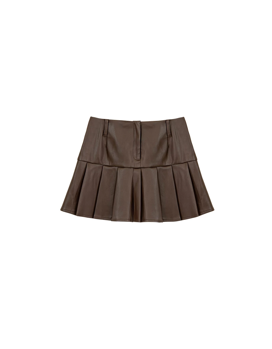 【Heat Tech】High Waist Faux Leather Pleated A Line Mini Skirt 【Heat Tech】High Waist Faux Leather Pleated A Line Mini Skirt