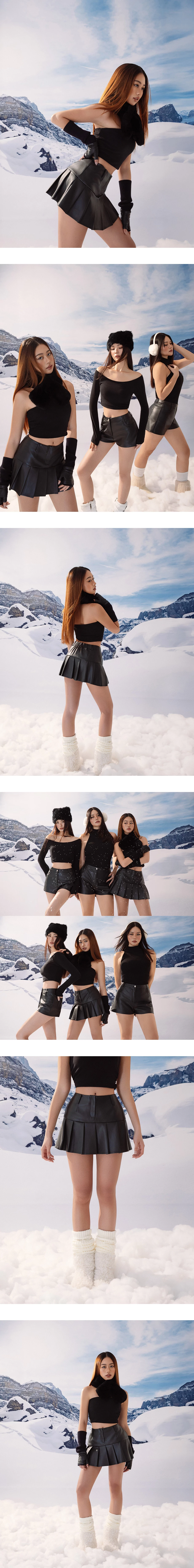 【Heat Tech】High Waist Faux Leather Pleated A Line Mini Skirt