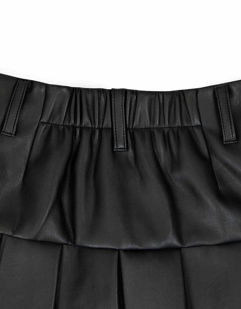 【Heat Tech】High Waist Faux Leather Pleated A Line Mini Skirt