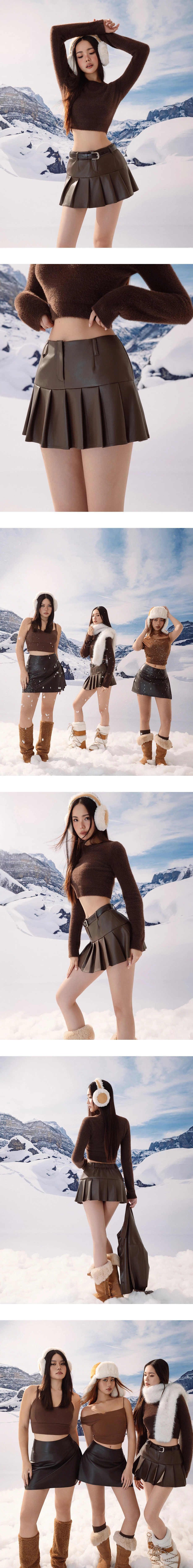 【Heat Tech】High Waist Faux Leather Pleated A Line Mini Skirt