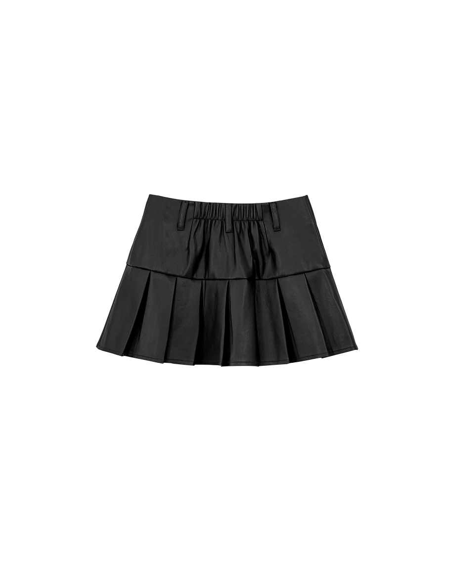 【Heat Tech】High Waist Faux Leather Pleated A Line Mini Skirt