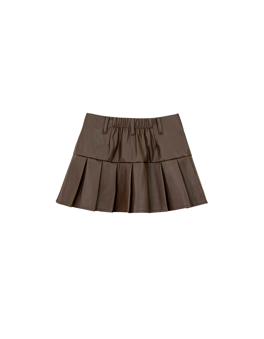 【Heat Tech】High Waist Faux Leather Pleated A Line Mini Skirt