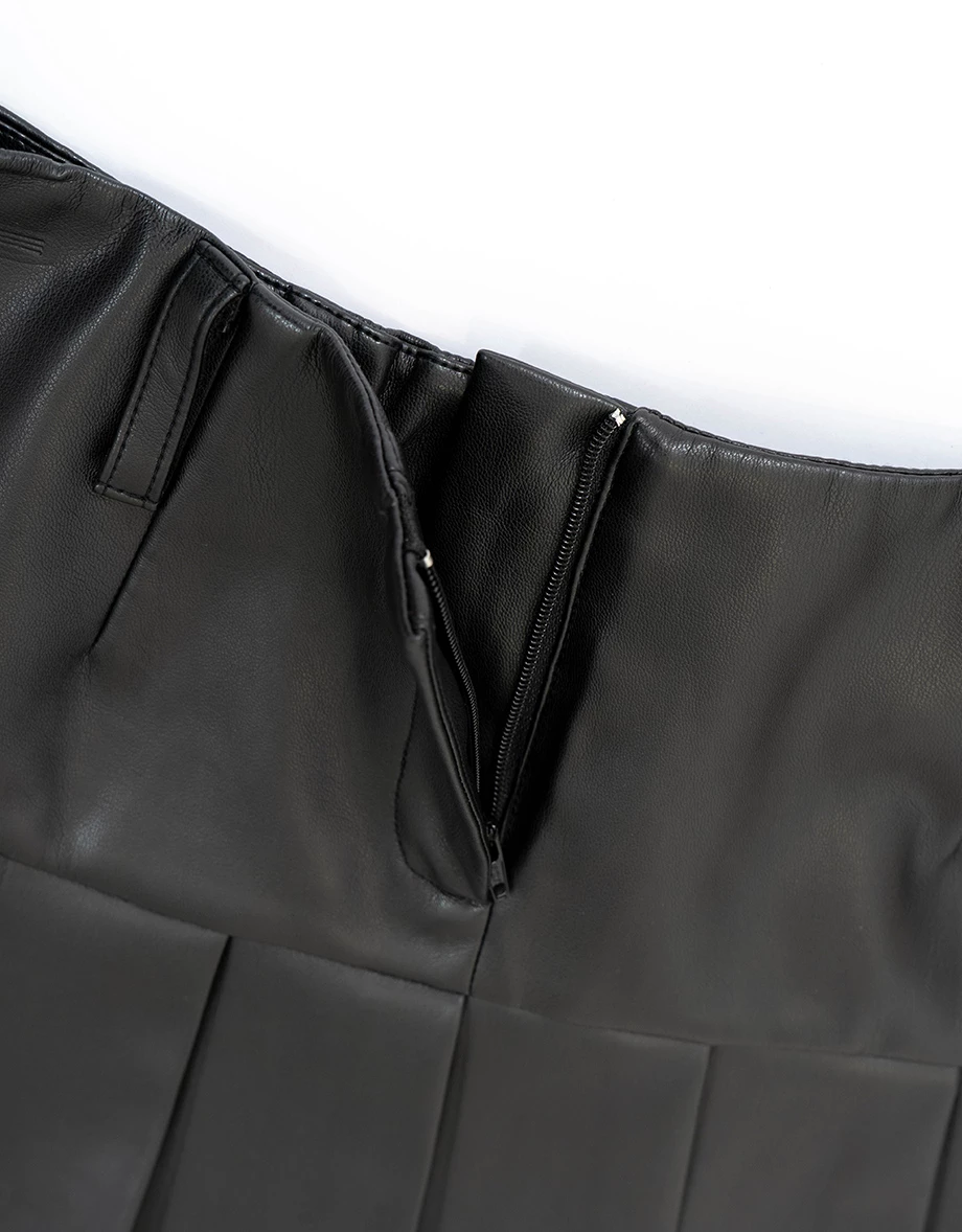 【Heat Tech】High Waist Faux Leather Pleated A Line Mini Skirt