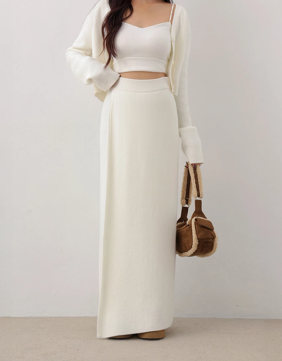 High Waist Asymmetrical Overlap Knit Straight Maxi Skirt High Waist Asymmetrical Overlap Knit Straight Maxi Skirt