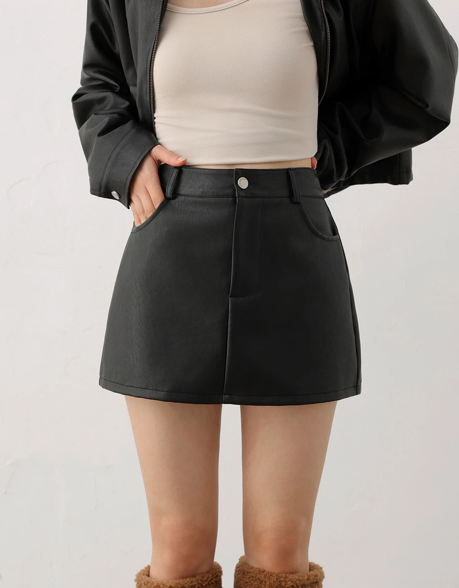 Faux Leather High Waist A Line Mini Skirt