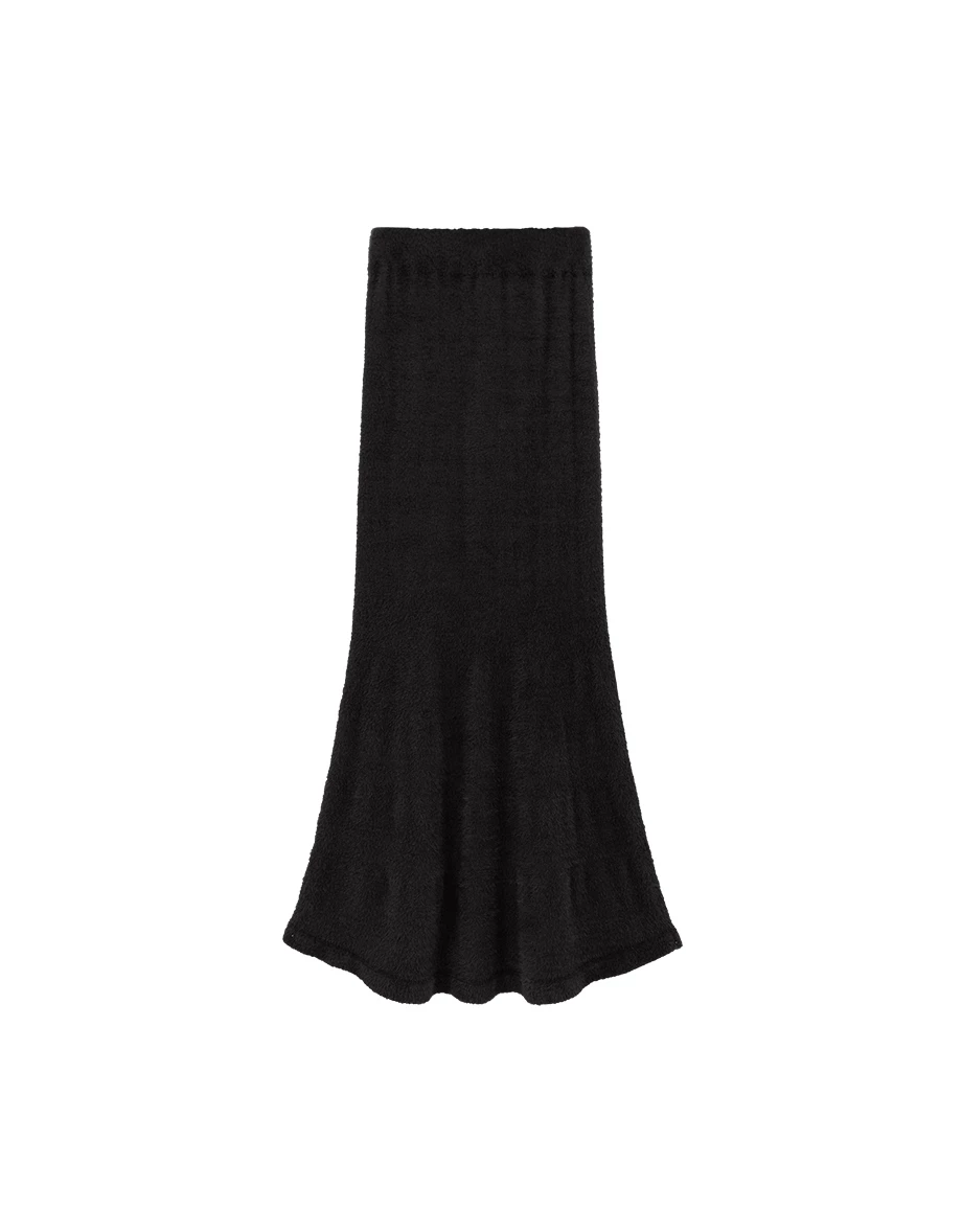 Elastic Waist Flared Hem Faux Mink Knit Maxi Skirt