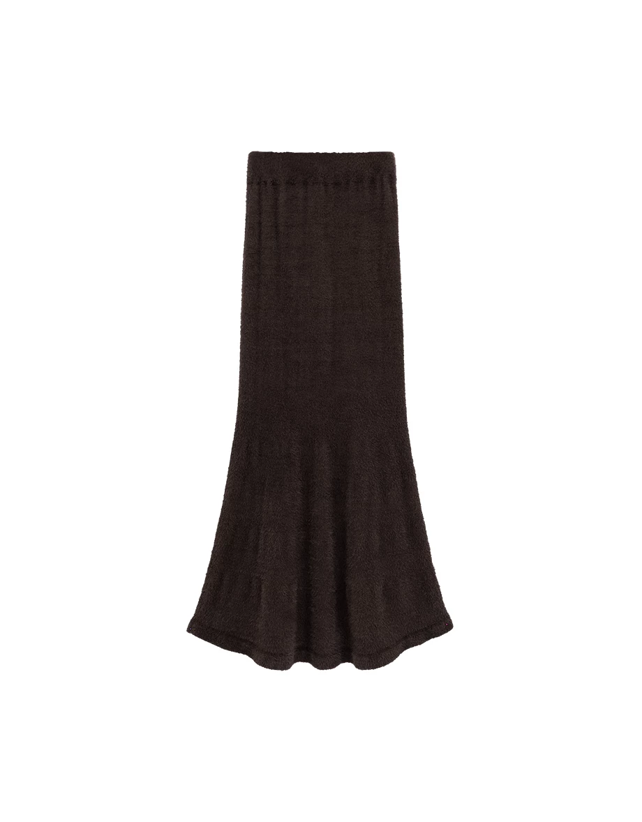 Elastic Waist Flared Hem Faux Mink Knit Maxi Skirt