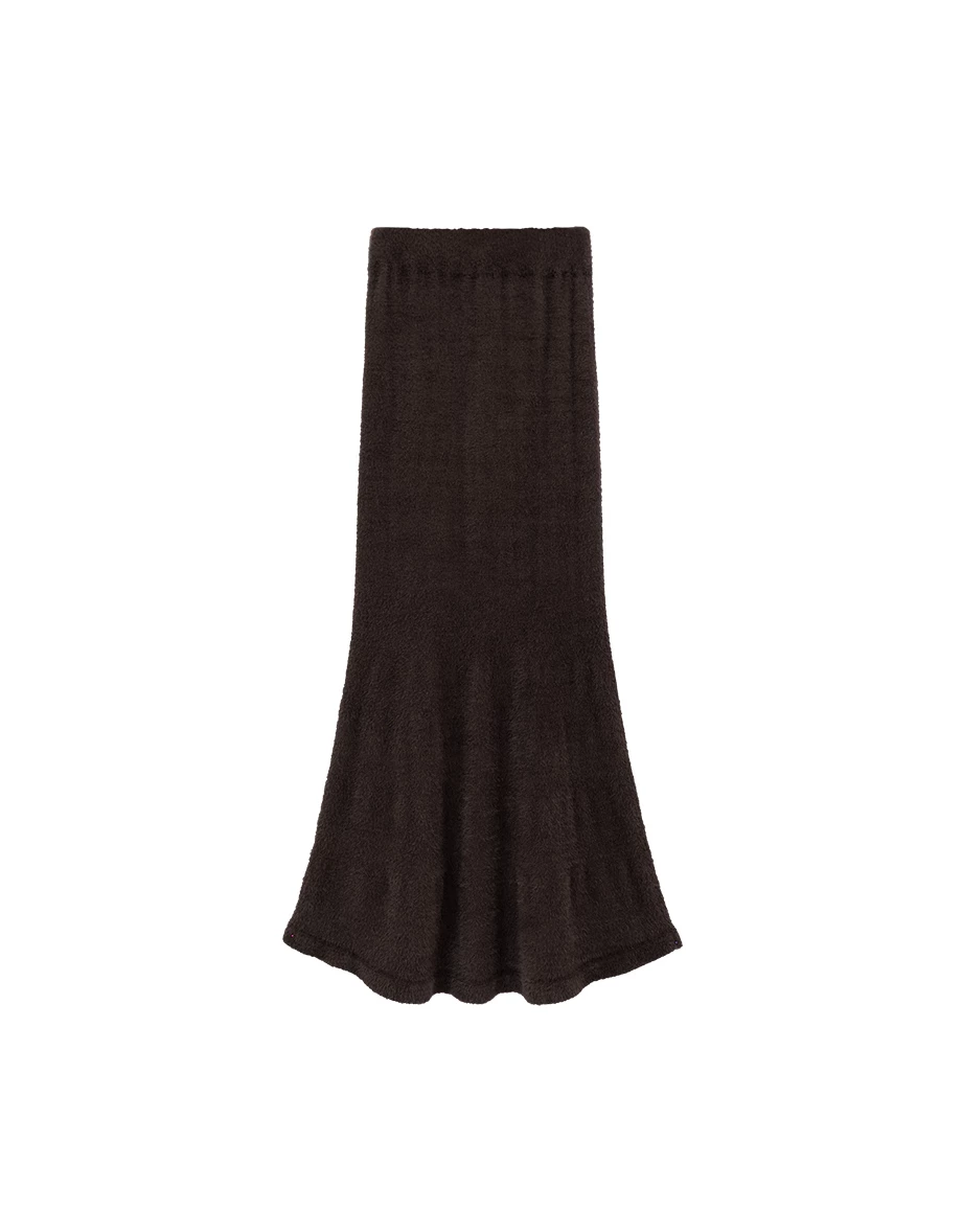Elastic Waist Flared Hem Faux Mink Knit Maxi Skirt