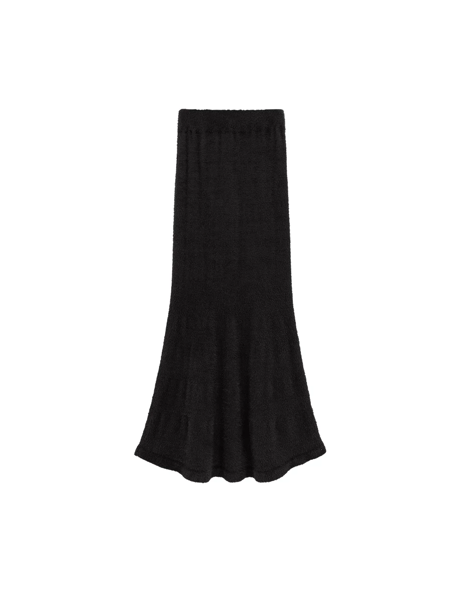 Elastic Waist Flared Hem Faux Mink Knit Maxi Skirt