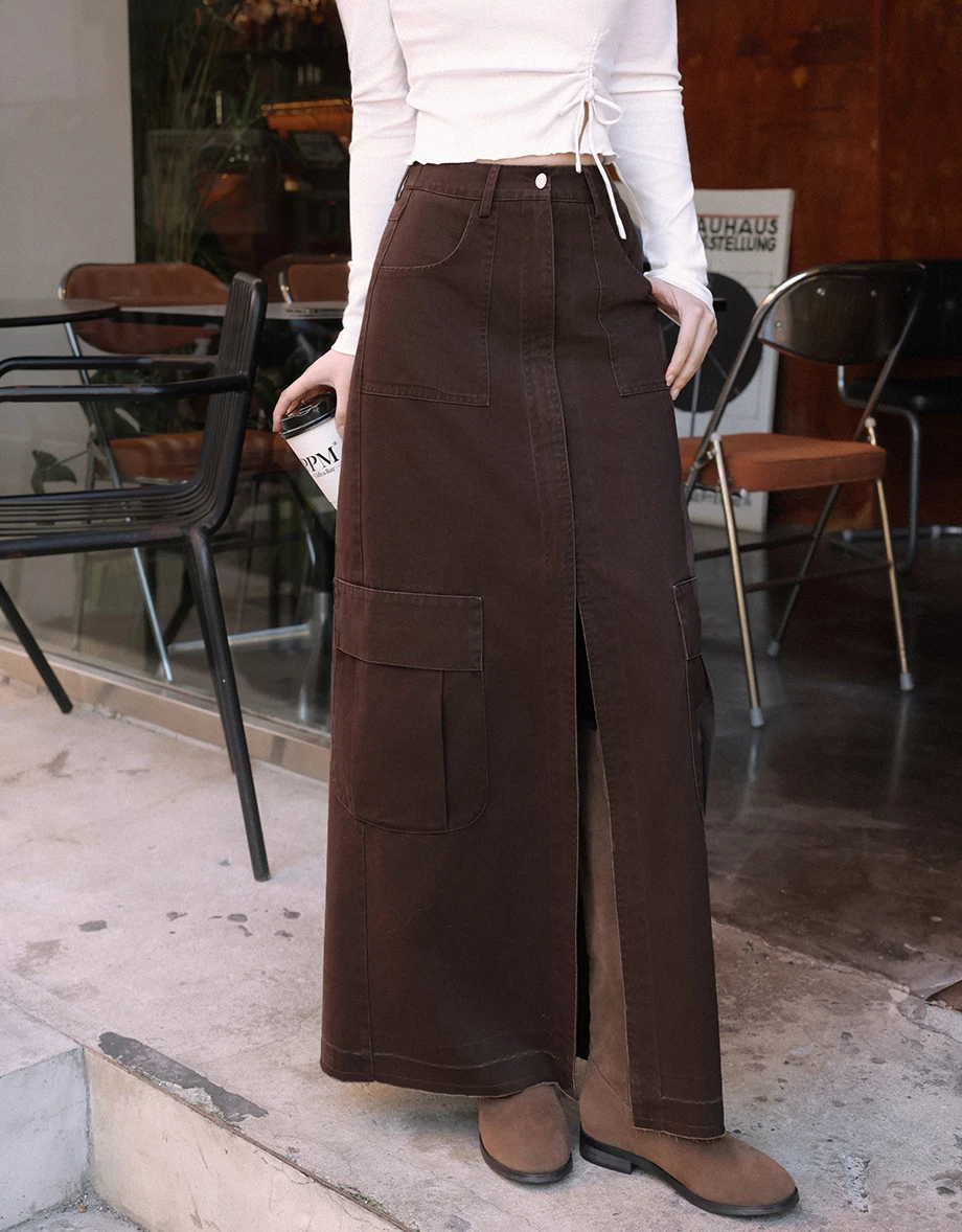 High Waist Front Slit Cargo Straight Maxi Skirt