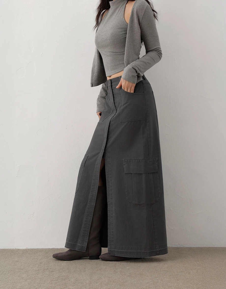 High Waist Front Slit Cargo Straight Maxi Skirt