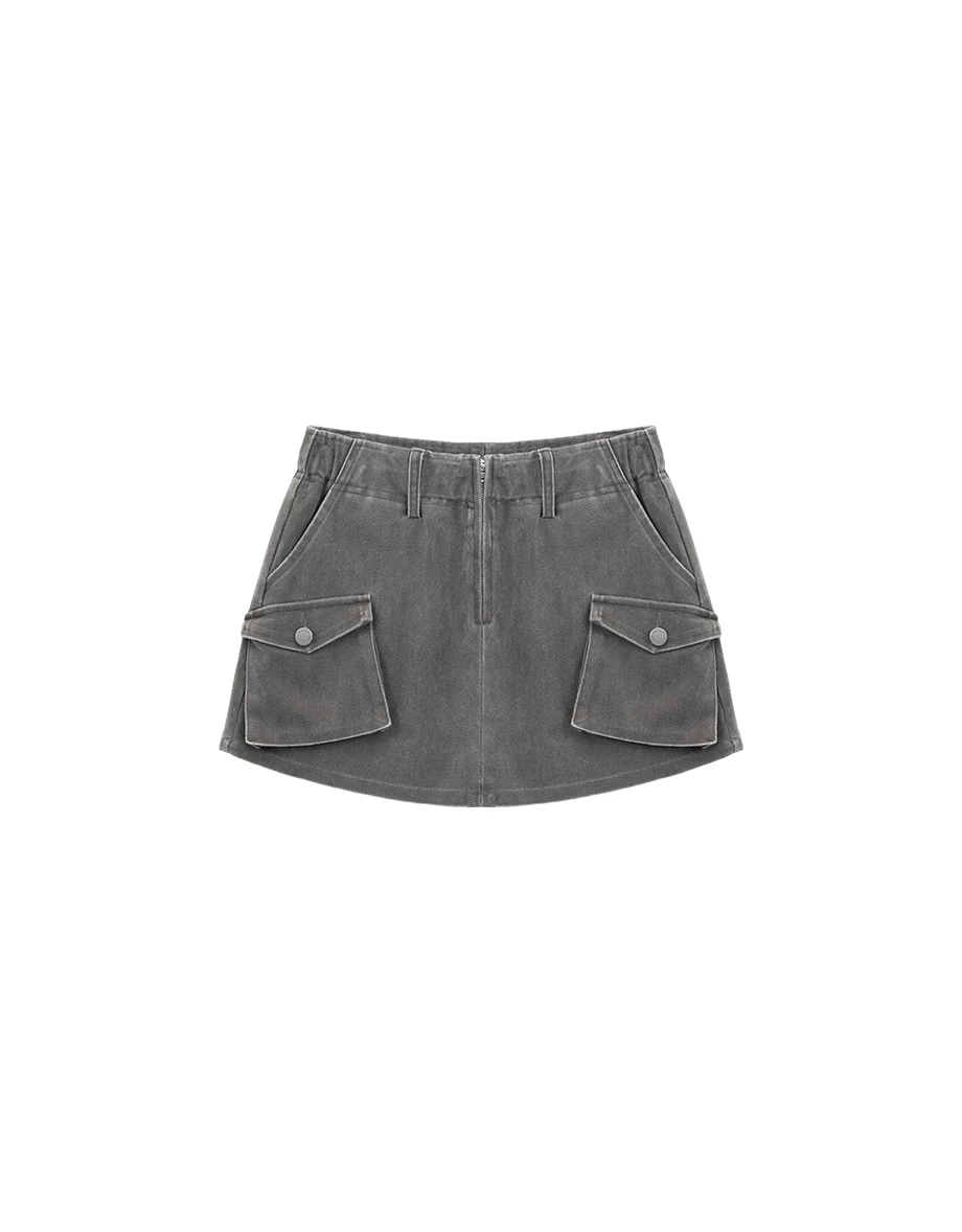 Vintage Wash Elastic Waist Cargo Mini Skirt with Flap Pockets
