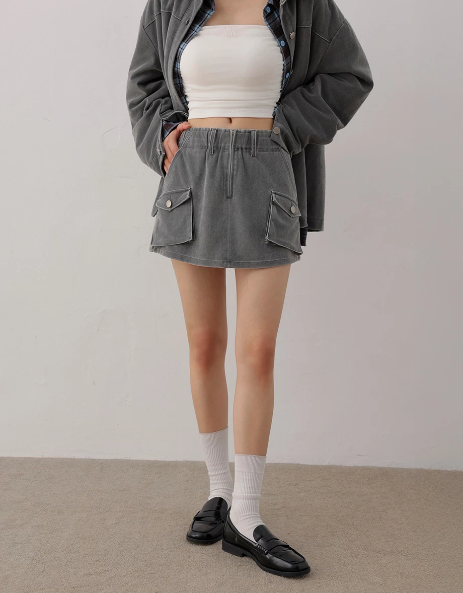 Vintage Wash Elastic Waist Cargo Mini Skirt with Flap Pockets