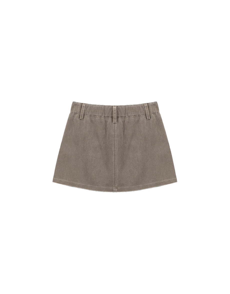 Vintage Wash Elastic Waist Cargo Mini Skirt with Flap Pockets