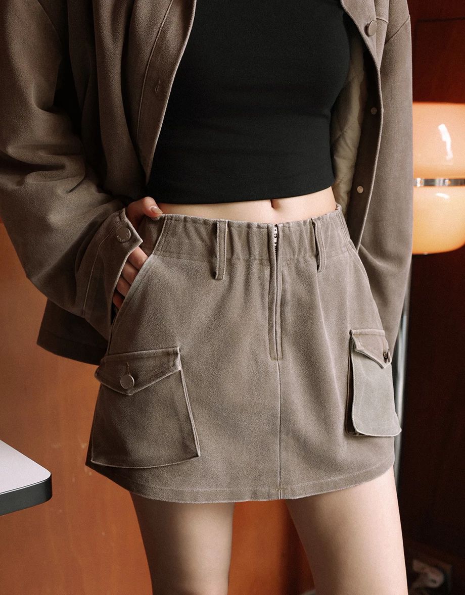 Vintage Wash Elastic Waist Cargo Mini Skirt with Flap Pockets