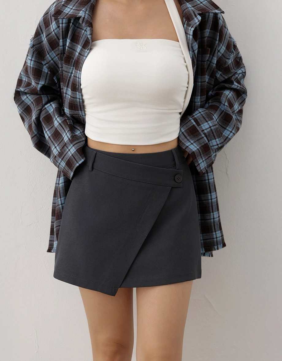 Asymmetrical Wrap Front Button A Line Mini Skirt