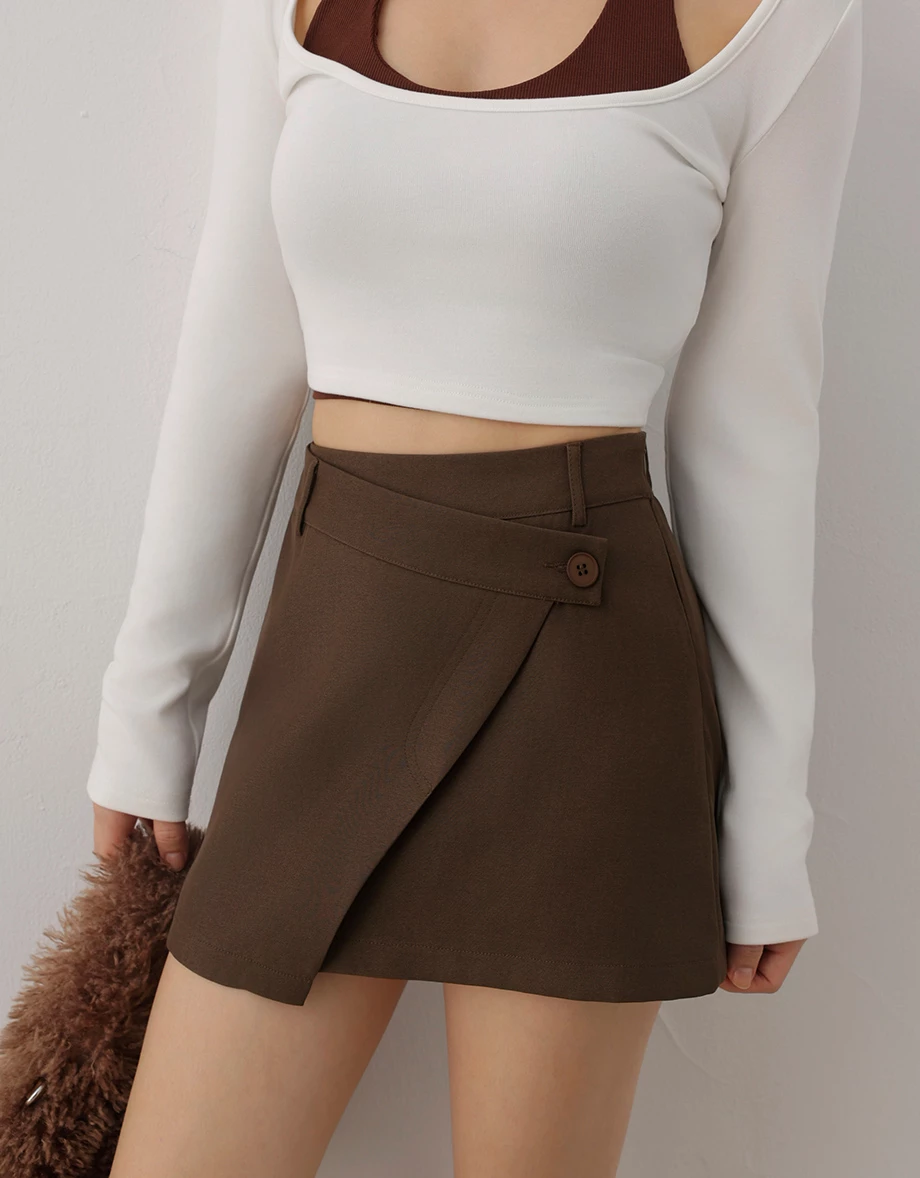 Asymmetrical Wrap Front Button A Line Mini Skirt