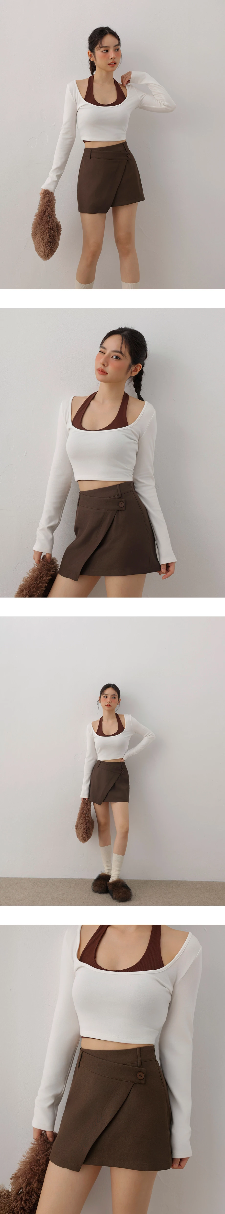 Asymmetrical Wrap Front Button A Line Mini Skirt