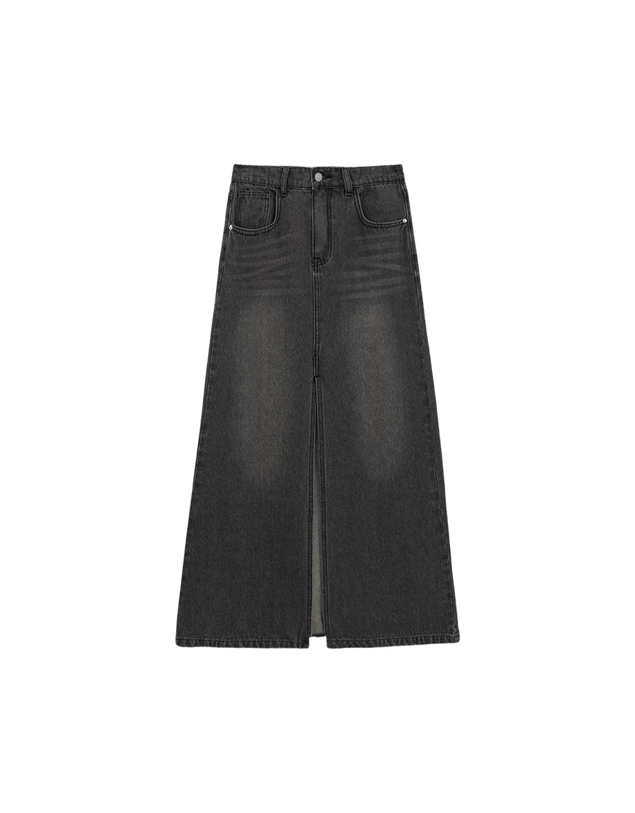Front Slit Vintage Wash High Waist Jeans Denim Mermaid Maxi Skirt