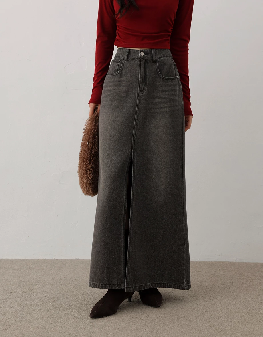 Front Slit Vintage Wash High Waist Jeans Denim Mermaid Maxi Skirt