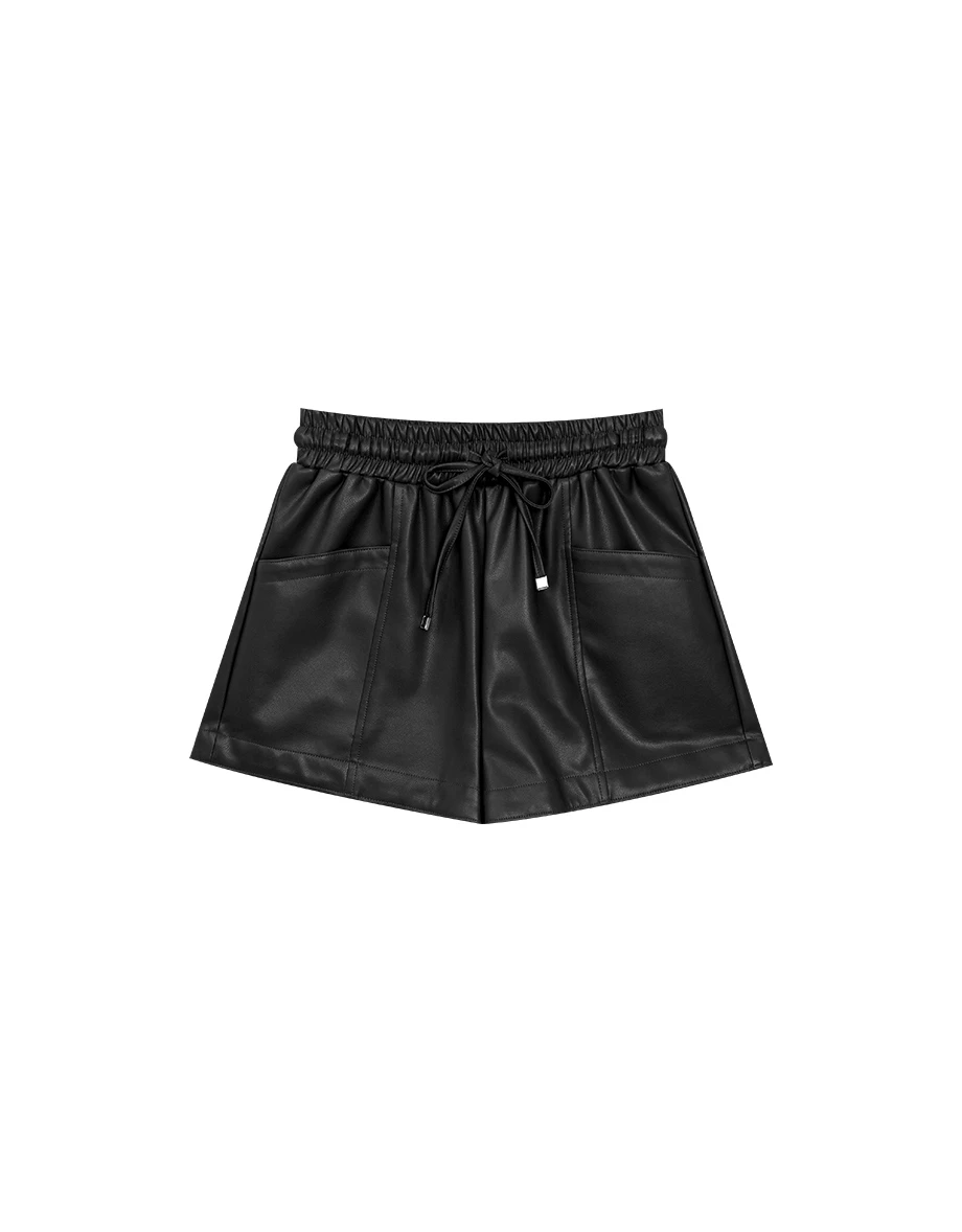 Faux Leather Drawstring High Waist Shorts with Pockets