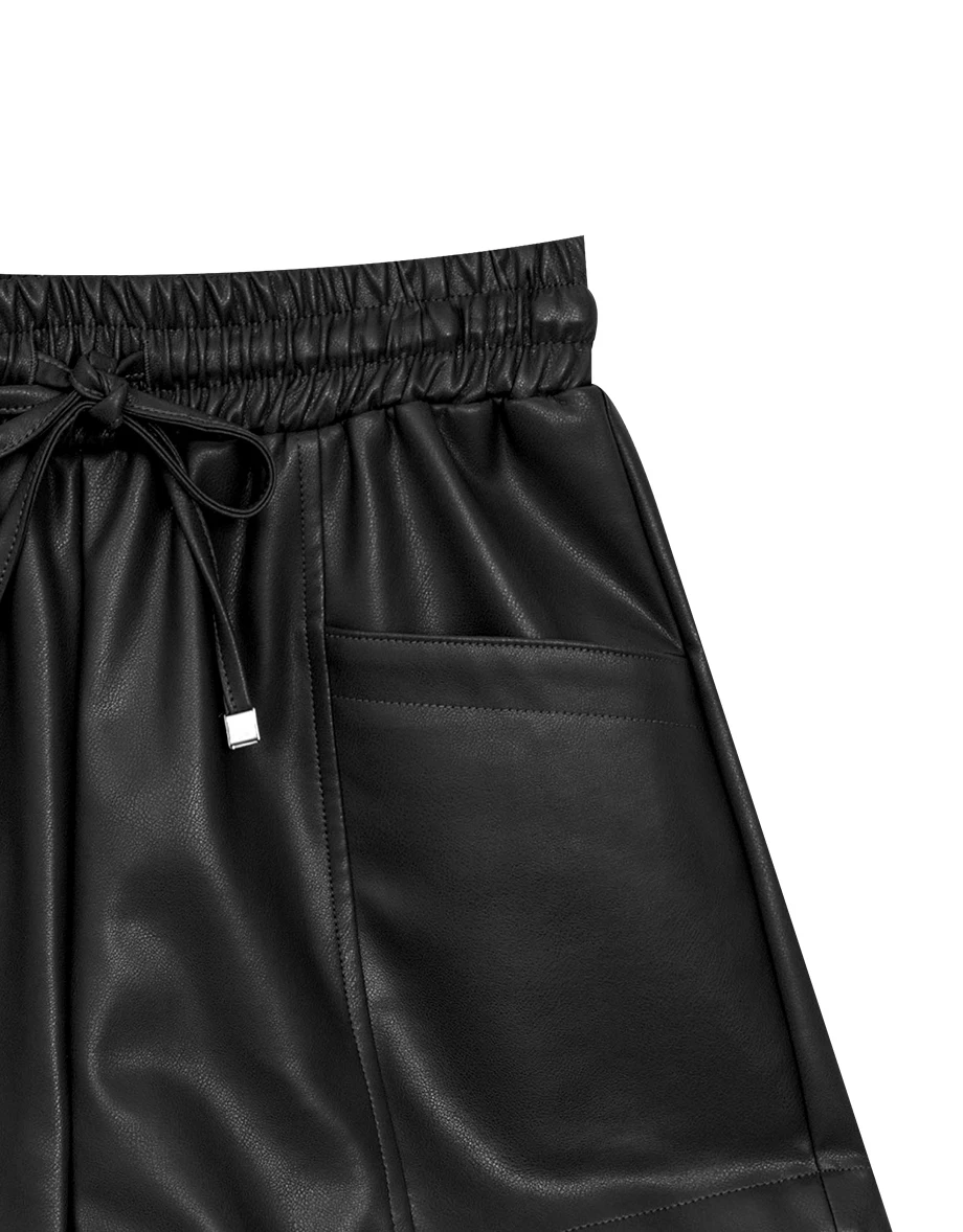 Faux Leather Drawstring High Waist Shorts with Pockets
