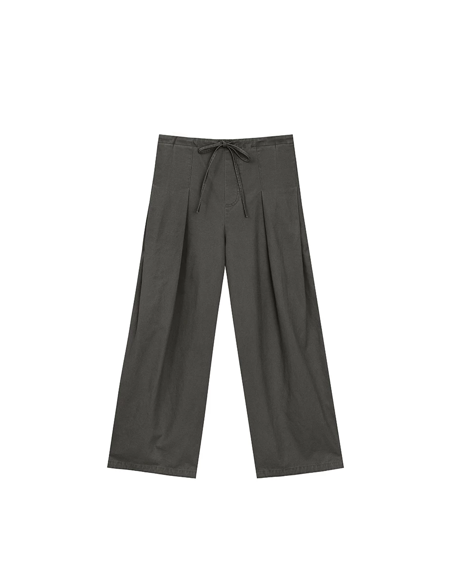Drawstring High Waist Pleated Wide Leg Pants