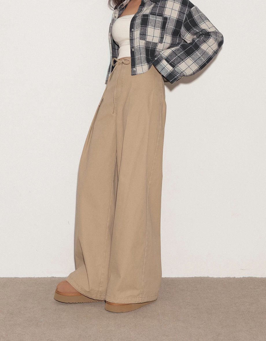 Drawstring High Waist Pleated Wide Leg Pants