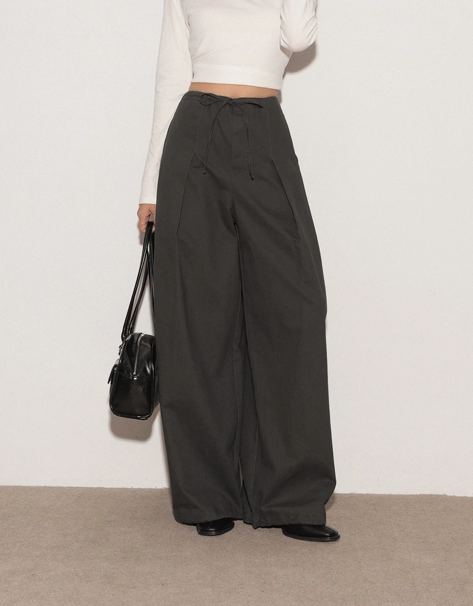 Drawstring High Waist Pleated Wide Leg Pants